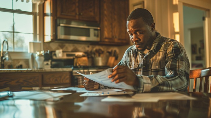 man sitting at a kitchen table reviewing tax documents
