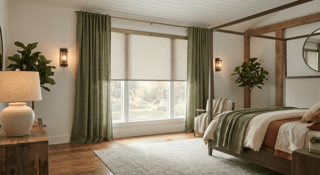 bedroom showing floor-to-ceiling linen drapery in a muted earthy tone with a motorized shade underneath, reflecting 2026 layered window treatment trends