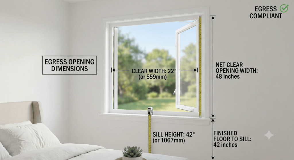 A diagram-style photo showing a bedroom window with labeled measurements for egress height, width, and sill height against a neutral wall background.