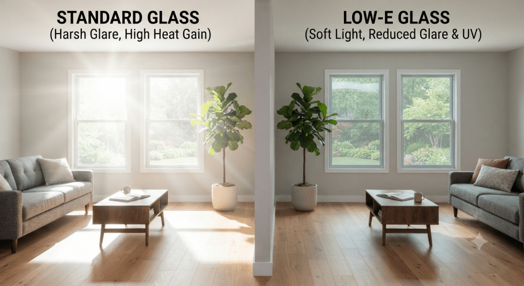 two identical living rooms side by side, one with bright harsh sunlight through standard windows and one with soft filtered light through Low-E glass, natural daylight, wide-angle shot