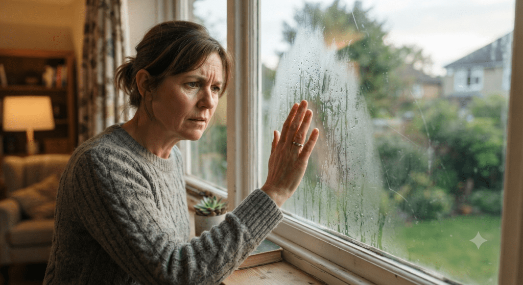 A homeowner inspecting a foggy double-pane window with visible condensation between the glass layers, indoors, showing the problem clearly