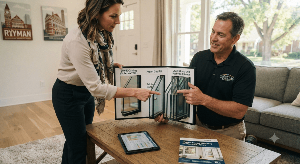 a homeowner and window contractor reviewing glass samples inside a bright modern living room, natural daylight, mid-shot, warm professional setting
