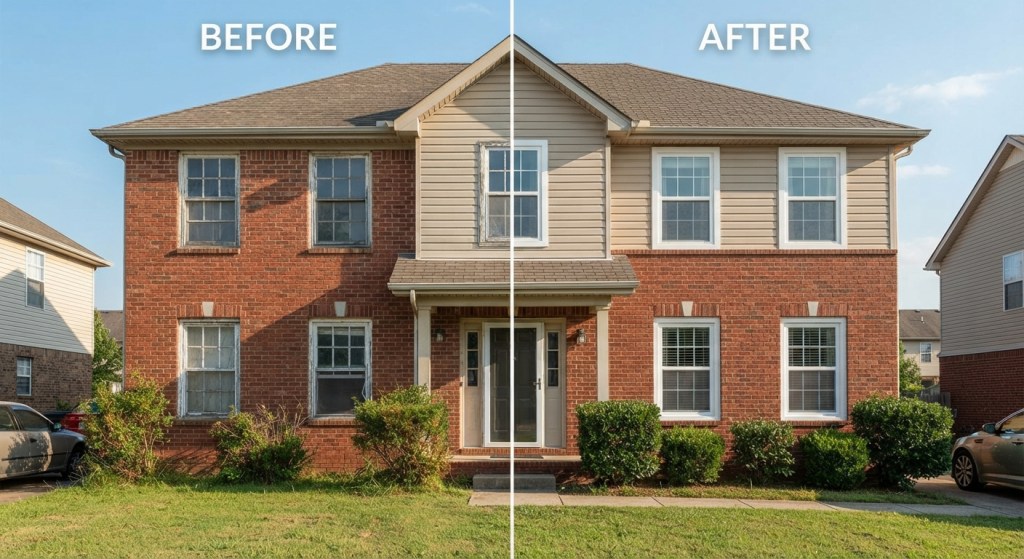 Nashville suburban home exterior split into before-and-after halves showing old wooden windows versus newly installed energy-efficient vinyl windows, bright afternoon sunlight, medium wide shot.