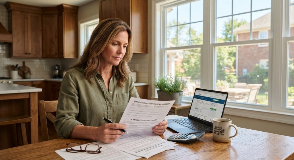 homeowner sitting at a kitchen table reviewing loan documents, bright natural light streaming through large new windows, warm interior setting, eye-level angle.