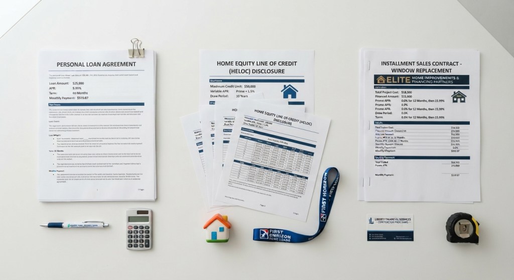 three sets of financial documents arranged side by side on a white desk, neutral lighting, top-down flat-lay angle, clean minimalist composition.