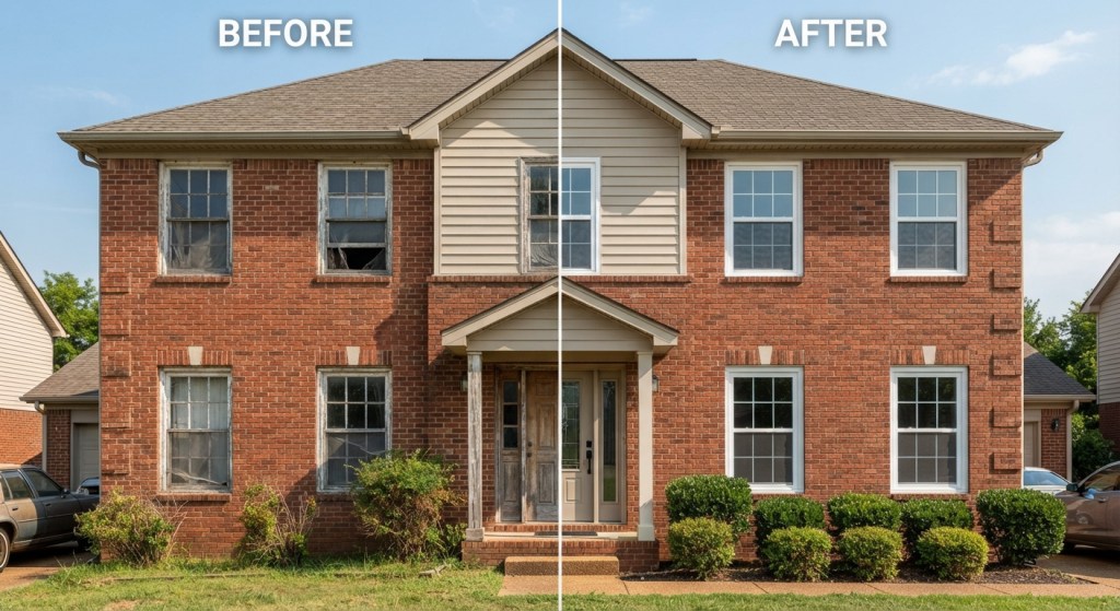 a brick Nashville home exterior split in two halves showing worn wooden windows on the left and new white vinyl double-hung windows on the right, natural daylight, wide-angle lens.