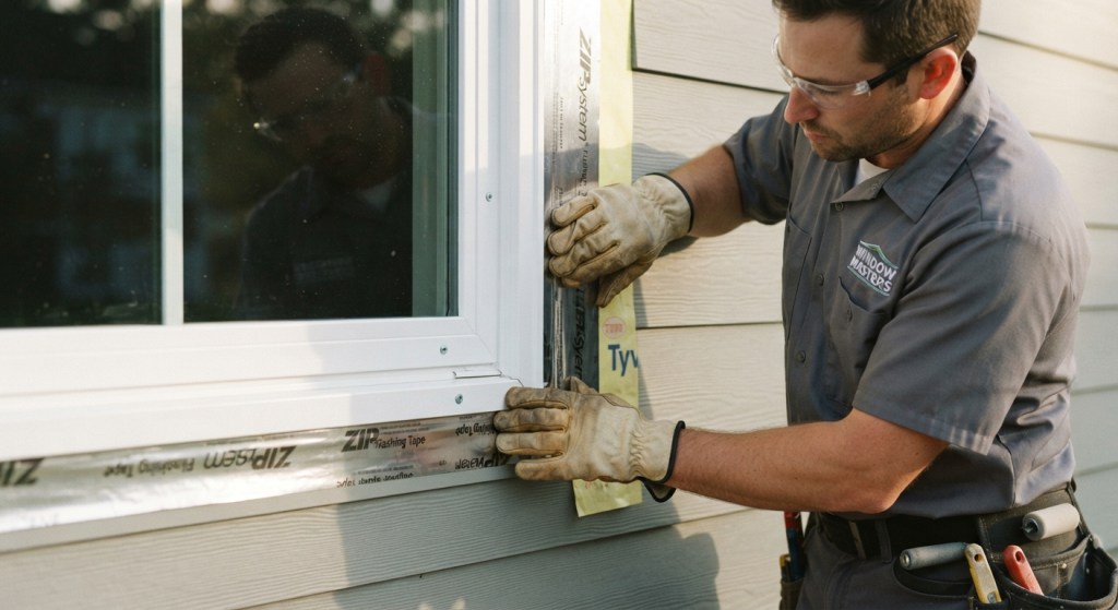 a worker applying silver flashing tape around the exterior perimeter of a newly installed vinyl window frame, close-up, afternoon sunlight, residential siding visible.